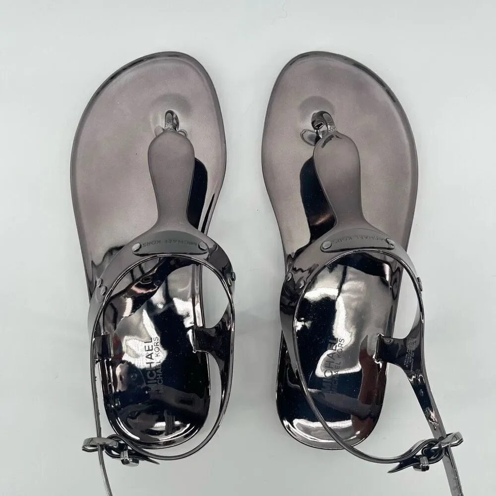 Michael Michael Kors Gunmetal Jelly Thong Sandals Size 6M Logo Plate Detail